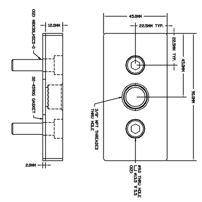 32-459038N-1 MODULAR SOLUTIONS PNEUMATIC PLATE 45MM X 90MM WITH GASKET 3/8 NPT THREADED CENTER THRU HOLE